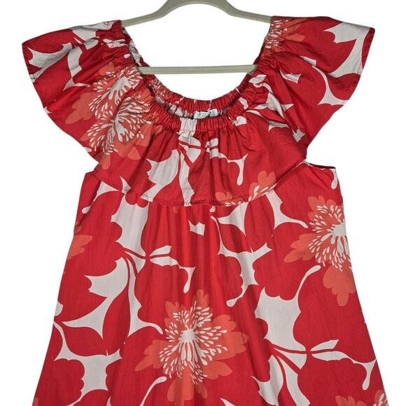 Robbie Bee Dress Womens Medium Red White Floral Ruffle Tropical Hawaiian Peasant - Picture 2 of 11